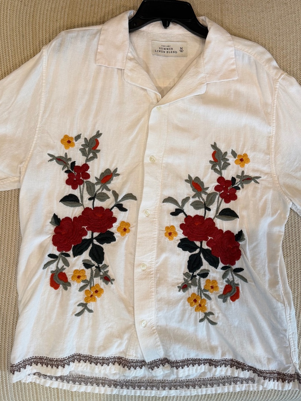 Abercrombie & Fitch White Button-Down Shirt with Red & Yellow Floral Embroidery